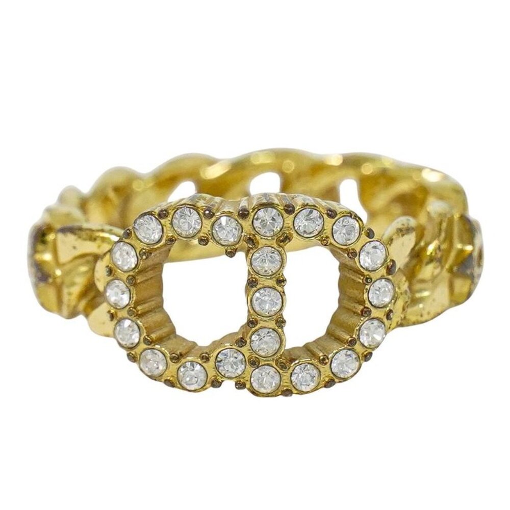 Dior CD Logo Rhinestone Ring S Gold Plated - Picture 1 of 10